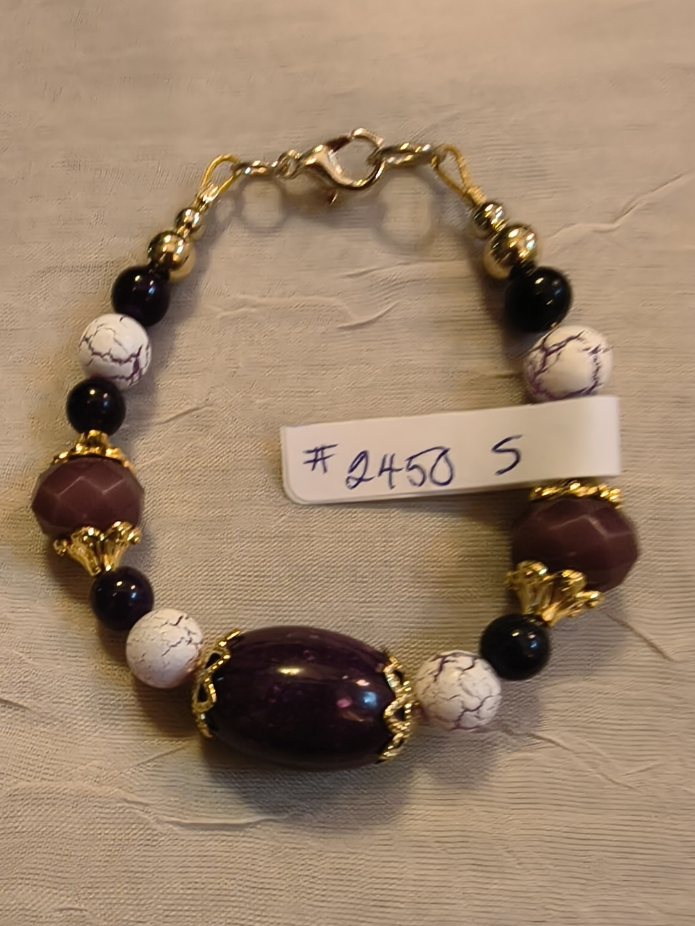 Women’s Purple and White Beaded Bracelet with Gold Accents